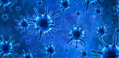 Corona or flu virus blue background, 3d illustration, SARS-CoV-2 coronavirus pathogen germs under microscope in cell. 