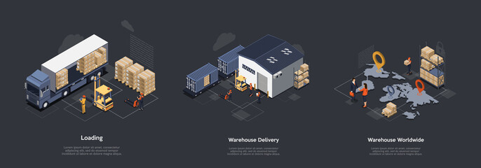 Isometric Warehouse Work Process Concept. On Time Worldwide Delivery. Delivery Equipment And Professional Work Staff Control Process Of Sorting, Loading and Unloading Cargo. Vector Illustrations Set - obrazy, fototapety, plakaty