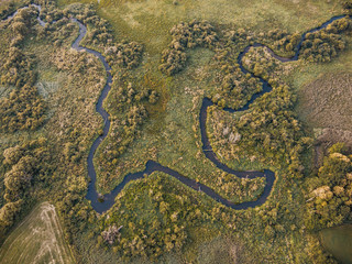 Aerial dron photo of twisted river Pasłęka in Poland. Vertical drone view. Lovely summer sunrise light.