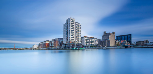 Dublin  Ireland -Aerial view of Dublin dockland district with the Capital Dock apartment block in...