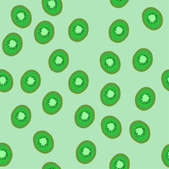 Vector seamless background with green kiwi slices on green-grey.