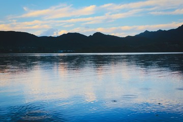 Blue twilight sky reflected on the waters of lake Potrero de los Funes, in San Luis, Argentina.