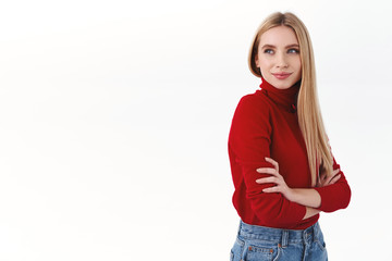 Employee, management and confident women concept. Self-assured professional blond woman, entrepreneur in red turtleneck, cross arms chest, turn left with pleased assertive smile