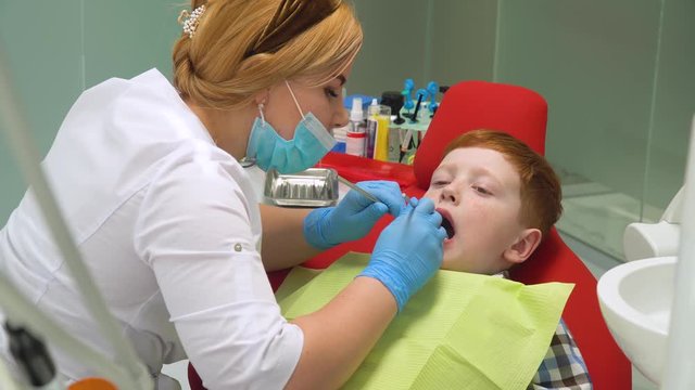 Closeup of female dentist treating little boy in dental clinic
