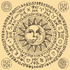 Vector banner with the Zodiac signs, Moon, Sun and magic runes written in a circle on the old paper background. Hand-drawn illustration in retro style with horoscope symbols for astrological forecasts