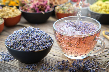 Cup of healthy lavender tea and dry lavender flowers. Healthy lavender tea poured into glass cup. Bowls of dry medicinal herbs on background. Herbal medicine.