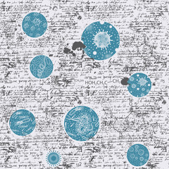 Abstract seamless pattern on the topic of biology, genetics, chemistry, medicine. Hand-drawn background with sketches and illegible notes. Vector illustration with bacterial cells in retro style