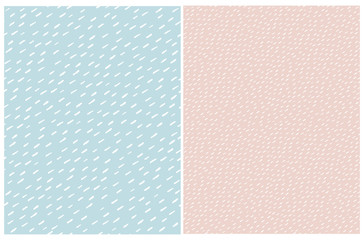 Cute Abstract Spots Vector Patterns. White Irregular Brush Lines on a Pale Blue and Blush Pink Background. Lovely Pastel Color Geometric Irregular Backdrop. Abstact Rain Print. Simple Minimalist Tile.