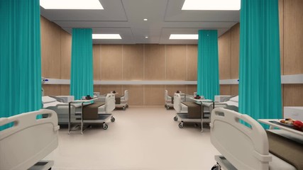 3d rendering. Interior hospital modern design . Row of empty hospital beds and various first aid medical equipment in empty emergency room Medical practice concept.4k