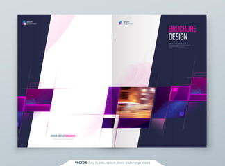 Purple Brochure Cover Template Layout. Corporate business Cover Design Mockup. Creative modern bright cover concept with purple square shapes