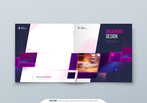 Purple Square Brochure Cover Template Layout Design. Corporate Business Annual Report, Catalog, Magazine Or Flyer Mockup. Creative Modern Bright Concept With Square Shape