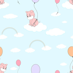 Seamless pattern cute cartoon little piggy wearing medical face mask hanging with balloon,vector illustration of pink piglet sitting on white cloud on blue sky with rainbow,Social distancing cancept