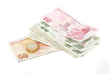 Turkish lira banknotes and coins