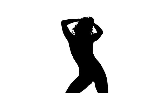 Medium long shot of a young beautiful woman dancing dancehall, street dance, latin dance, black silhouette on a white background