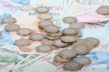 Turkish lira banknotes and coins