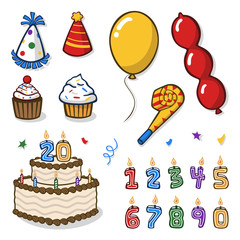 Vector set of colorful birthday accessories drawn in a cute style and isolated on white. Includes hats, cupcakes, balloons, a party horn, numbered candles and a big chocolate cake.
