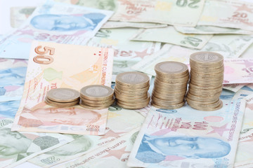 Turkish lira banknotes and coins