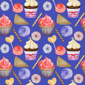 Watercolor Seamless pattern. Red Blue Sweet deserts with Cream and biscuit, waffle, cake, cupcake, berries. Hand drawn delicious food illustration on blue background. Fabric texture design concept.