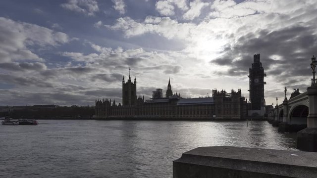 Timelapse of Houses of Parliament and Big Ben clock tower with Westminster Bridge near River Thames, Westminster, London, United Kingdom