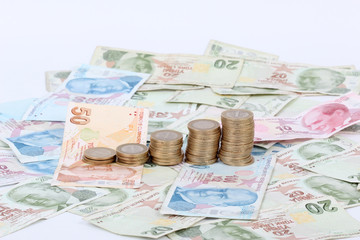 Turkish lira banknotes and coins