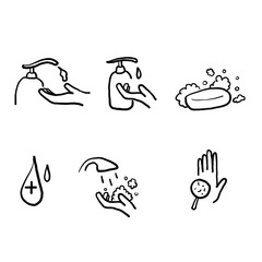 doodle Washing Hands Related icon. Contains such Icons as Washing Instruction, Antiseptic, Soap hand drawn isolated style