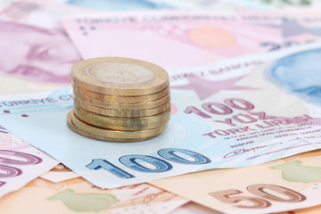 Turkish lira banknotes and coins