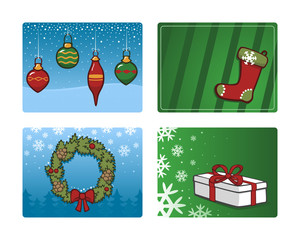 Set of 4 vector holiday backgrounds (blue and green gradients) with colorful balls, a Christmas stocking, falling snowflakes, a wreath and a gift bow with a bow.
