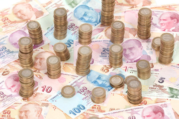 Turkish lira banknotes and coins