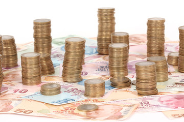Turkish lira banknotes and coins