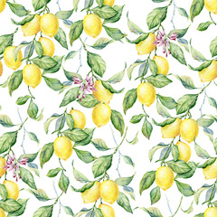 Lemon watercolor seamless pattern. Beautiful hand drawn texture.