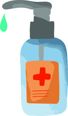 Bottle with an antiseptic and a drop with red cross emblem in cartoon style. Vector safety concept