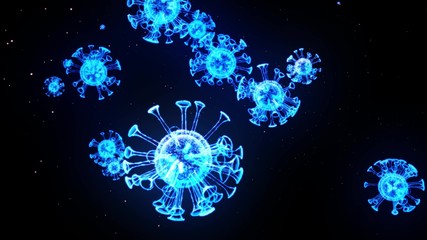 blue glowing holographic image of coronavirus like covid-19 virus or influenza virus flies in air or isolated on black background. 3D rendering for informational presentation.
