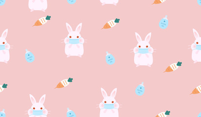 Easter paper background. Rabbit wearing a protective mask and egg easter alcohol gel, carrot syringe.