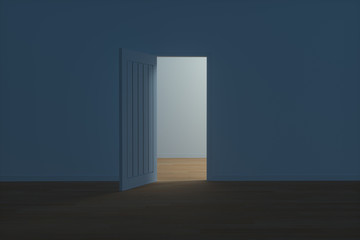 Wooden door with white night scene, 3d rendering.