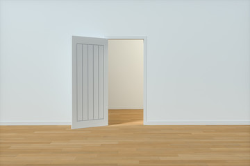 Wooden door with white wall background, 3d rendering.