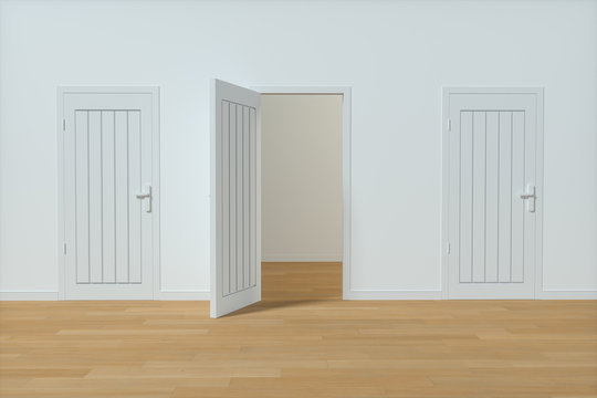 Wooden door with white wall background, 3d rendering.