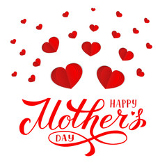 Happy Motrer s Day calligraphy lettering with origami red hearts. isolated on white. Mothers day typography poster, banner or greeting card. Paper cut vector illustration. Easy to edit template.