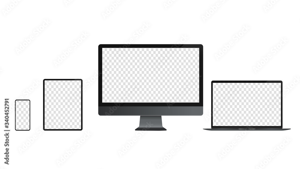 Poster devices with transparent screen template. realistic vector illustrations of smartphone, tablet, desk