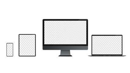 Devices with transparent screen template. Realistic vector illustrations of smartphone, tablet, desktop and laptop in dark grey colours. For use in mockups and presentations.