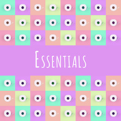 Pattern of toilet paper rolls on pastel multicolor tiles with Essentials wording. Social distancing, shopping, options concept, bright, optimistic multipurpose drop. Square format background with text