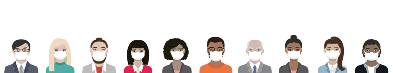 Banner of Multiracial people wearing ppe masks for coronavirus covid-19 protection