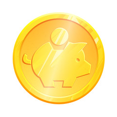 Gold coin piggy bank savings symbol. Banking concept. Money save icon. Economic growth sign. Cash income, investment. Home budget. Earnings money. Metal moneybox vector, isolated on white background