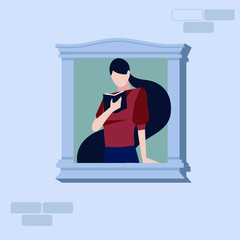 Young woman leaning out of an open window with reading a book of in spring sunshine, vector illustration