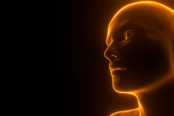 3D rendering illustration .Hacker artificial intelligence  face hitech in cyberspace concept. Cyborg head man binary code matrix rain random symbols. Cyberpunk programming code technology background