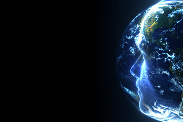 3D rendering illustration .Hacker artificial intelligence  face hitech in cyberspace concept. Cyborg head man binary code matrix rain random symbols. Cyberpunk programming code technology background