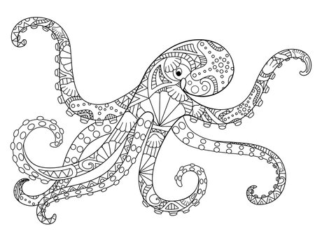 Octopus - antistress coloring book - linear vector illustration for coloring. Outline. Hand picture. Octopus, ocean dweller - picture with a marine ornament for a coloring book