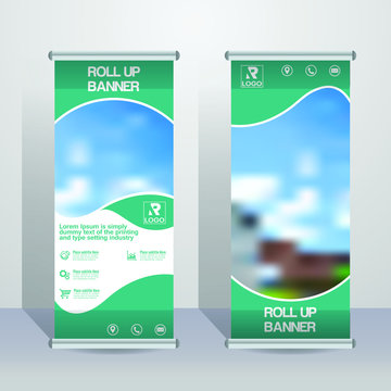 Roll up brochure flyer banner design vertical template in greenish blue colour, cover presentation abstract background, modern x-banner and flag-banner, rectangle size.