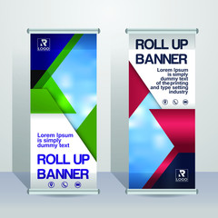 Green, red and blue roll up business brochure flyer banner design vertical template vector, cover presentation abstract geometric background, modern publication x-banner and flag-banner