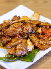 Delicious Chinese Stir Fried Pork in a White Plate