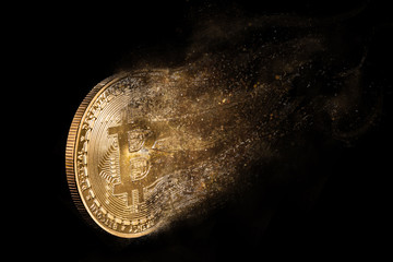 digital currency, Bitcoin disintegrated, fading or evaporating. Concept of devaluation, crime,...